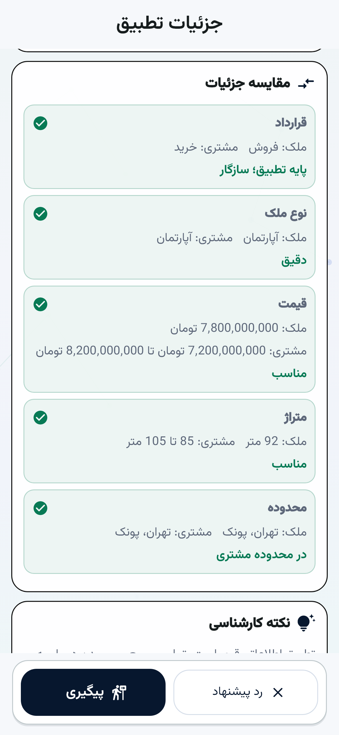 نمای واقعی مقایسه نوع قرارداد، نوع ملک، قیمت و متراژ در جزئیات تطبیق دنبال